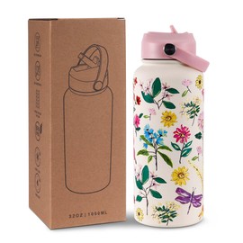Goetland Insulated Water Bottle Flowers 1 Litre Stainless Steel Water Bottle with Straw Handle Double Walled Vacuum Bottle Drinking Cup Leak-Proof for Women and Men Small Pink