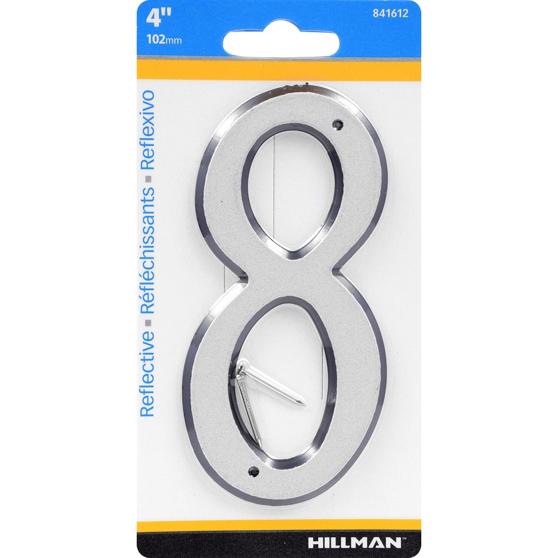 HIllman 841612 4-Inch Nail-On Reflective Plastic House Number 8