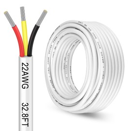 32.8FT 22 Gauge 3 Conductor Electrical Wire, 22 AWG Stranded Tinned Copper 3 Wire Cable, Low Voltage Electrical Wire for Security Alarm Access Control Speaker Automotive Thermostat Sprinkler, White