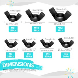Cimeton 135PCS Wing Nuts Assortment Kits Carbon Steel M3 M4 M5 M6 M8 M10 M12 Black Butterfly Nut Wing Nuts Fasteners Wingnuts Hand Twist Tighten Ear for Home Building Industry