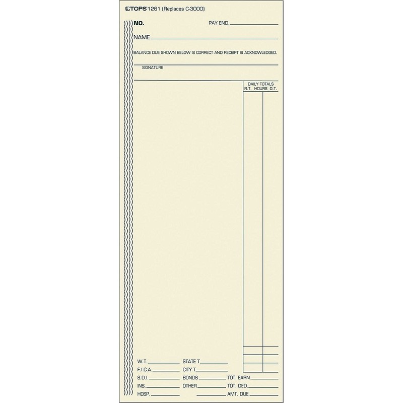 TOPS 1261 Acroprint/Amano/Cincinnati/Lathem Time Card, Weekly, 3 3/8 x 8