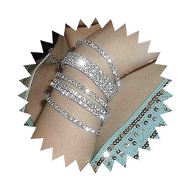 Dervivea Boho Sparkling Tennis Chain Bracelet Rhinestone Bracelet Hand Chain Silver Crystal Bracelet Elastic Rhinestone Chain Bracelet Jewellery for Women and Girls (1 Row + 2 Rows)