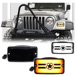 GSOWO 2 IN 1 Front Corner Turn Signal Parking Lights for 1997-2006 Je-ep Wrangler TJ, Smoked Lens Daytime Running Lamps Replaces part #55155629AC, 55155628AC - Star Imaged