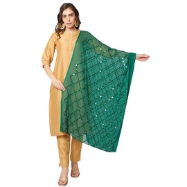 DUPATTA BAZAAR Women's Green Embroidered Chiffon Dupatta with Mirror Work