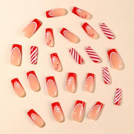 Red French Tip Press on Nails with Xmas Curve Line Designs Medium Square Fake Nails White Snowflakes False Nails Glossy Nude Full Cover Acrylic Nails Christmas Nails for Women Girls 24Pcs