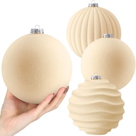 Syhood 4 Pcs 6 Inch Velvet Christmas Balls Velvet Christmas Tree Ball Ornaments Plastic Balls for Xmas Tree Hanging Ornaments Home Garland Holiday Wedding Party Decor (Ivory)