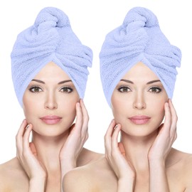 Glamza Microfiber Towel Super Absorbent Twist Turban Hair Wrap with Buttons for Quick Dry Hair 2 Pack (Large) - Blue