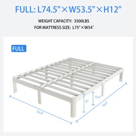 KZZLOL White Full Size Bed Frame 12 Inch, Metal Full Bed Frame No Box Spring Needed, Heavy Duty Steel Support 3500 LBS, DIY Headboard, Noiseless, Round Corner Legs, Storage Space, Easy Assembly
