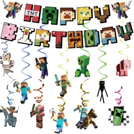 Pixel Birthday Decoration Boys Theme, Pixel Birthday Banner, Miner Game Streamers Hanging Swirls, Birthday Decoration Game Birthday Party Accessories for Fans Children Boys & Game Fan Gift, P-B