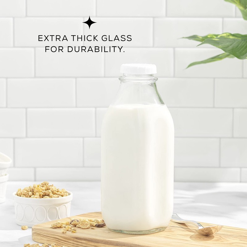 JoyJolt Glass Milk Bottles with Lids and Pourer – 32