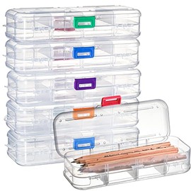 SOUJOY Paquete de 6 cajas de lápices de doble cubierta, caja de papelería transparente con tapa hermética, organizador de plástico de gran capacidad c