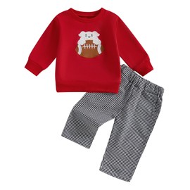 Rourufy Toddler Baby Boy Fall Clothes Infant Football Outfit Sweatshirt Plaid Pants 2pcs Clothing Set Kids Winter Outfits (B Pig Football Red, 3-4T)