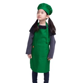 ALIPOBO Kids Apron and Chef Hat Set, Children's Adjustable Bib Apron with 2 Pockets. Cute Boys Girls Kitchen Apron for Cooking, Baking, Painting, Training Wear (2-5 Year, Green)