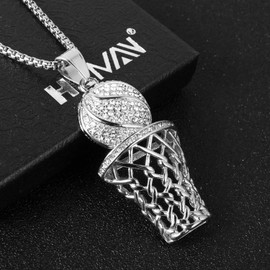 HZMAN 18K Gold Plated Basketball Rim Necklace for Men Sporter Stainless Steel Hip Hop Cubic Zirconia Basketball Hoop Pendant Jewellery Gift, Stainless Steel, Cubic Zirconia