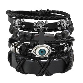 MILAKOO Leather Cuff for Men Women Evil Eye and Stainless Steel Cross Charms Stone Stretch Bracelets