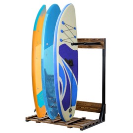 MyGift Freestanding Vertical Surfboard Storage Rack, Beach House Style Burnt Wood and Black Metal Wakeboard SUP Paddleboard Storage Stand - Holds up to 4 Boards