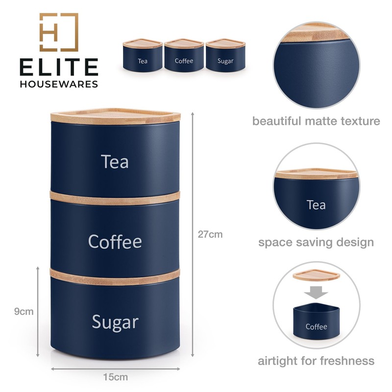 EHC Tea Coffee Sugar Canister Set, Set of 3 Stackable