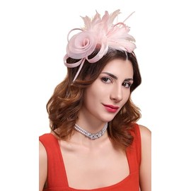 Cizoe Women's Fascinator Hats Tea Party Derby Fascinator Hat Feather Headpiece for Cocktail Wedding(Blush)