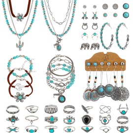 IXNEOP 64 pieces Silver Bohemian Jewelry Sets with 6 pcs Turquoise Necklaces 7 pcs Bracelets 15 pairs Earrings 21 pcs Knuckle Rings Suitable for Daily life Gatherings Party Festivals and Travel