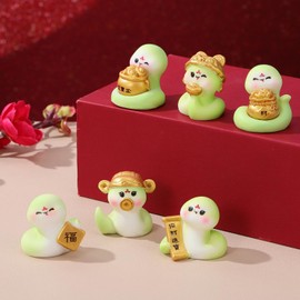 6 Pcs 2025 Miniature Snake Figurines: Resin New Year Ornaments Snake Year, Treasure Pots Snake Decor Chinese Zodiac Animal Statues Year of The Snake for Spring Festival Home Car Decor