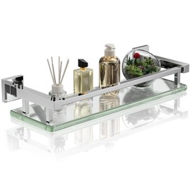 Alise Bathroom Glass Shelf with Stainless Steel Railing, Polished Chrome Small Tempered Glass Floating Wall Shelf Over The Toilet, 16 inch