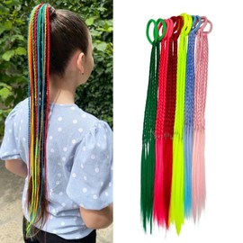 Braided Hair Extensions Girls Hair Accessories, Ponytail Hair Extensions Mix Color Synthetic Hair Pieces Red Pink Blue Yellow Green Braiding Hair Daily Party Crazy Hair Day Accessories for Girls 12pcs