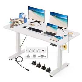 KORGOL Electric Standing Desk 48 x 24 Inches Adjustable Height Sit Stand Up Desk for Home Office Computer Workstation with 2 USB Ports 3 AC Power Outlets Memory Preset and Wheels, White