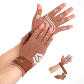 Duerer Arthritis Compression Gloves with Strap Women Men for RSI Carpal Tunnel Rheumatism Tendonitis Hand Pain Hand Support Fingerless Gloves for Computer (Brown, M)