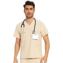 COZYFIT Scrub Top for Men - Stretch V-Neck Scrubs with 3 Pockets, Anti-Wrinkle - Light Khaki, L