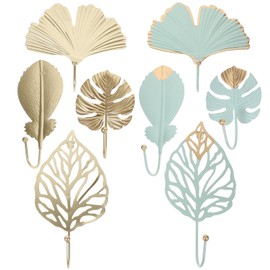 OUNONA 8Pcs Metal Leaf Wall Hooks Gold Green Tropical Design Key Holder Clothes Coat Towel Hooks for Bathroom Kitchen Bedroom 6.1X6X1.7 Inch