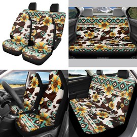 Quelytytrip Sunflower Cow Aztec Print Car Seat Covers Full Set with Steering Wheel Cover Seatbelt Pads Armrest Pads Coaster Keychain,Brown Cow Sunflower Car Accessories Set