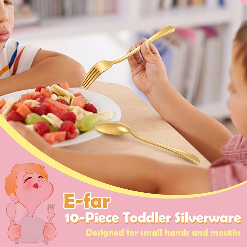 E-far Toddler Forks and Spoons Set, 10-Piece Stainless Steel Toddler