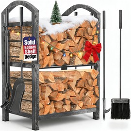 AMAGABELI GARDEN & HOME Firewood Rack Indoor with Tools 5-Piece Fireplace Tools Set Wood Holder Wrought Iron Log Holder Firewood Storage Rack for Fireplace,Fire Pit,Wood Stove Antique Silver