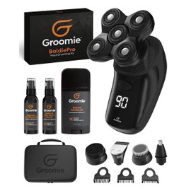 Groomie Crispy AF, Shaving & Grooming Kit for Bald Men - Set Includes BaldiePro Electric Razor, Pre-Shave Oil, Aftershave, Deodorant & Travel Carrying Case - All-in-One Head Shaver Kits for Men