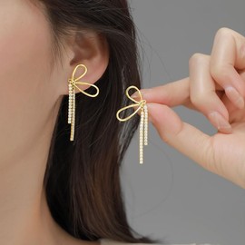 SLUYNZ Sterling Silver CZ Bow Dangle Earrings for Women Rhinestone Bow Drop Earrings Tassel, Sterling Silver