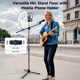 Microphone Floor Stand, Mic Stand Floor with Phone Holder Height Adjustable, Tripod Stable Stand with Boom Arm Dual Device Mount for Streaming, Podcasting, Recording, and Live Performances