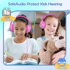 Auriculares para niños, auriculares con cable para niños sobre la oreja con micrófono, 85/94 dB limitador de volumen para niñas y niños con conector compartido, auriculares plegables para estudio en línea, color rosa oscuro degradado