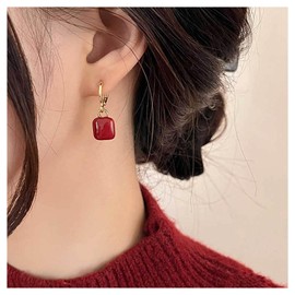 Inilbran Boho Coral Earrings Red Coral Square Dangle Earrings Vintage Coral Gemstone Hoop Earrings Geometric Square Coral Stone Earrings Jewellery for Women and Girls
