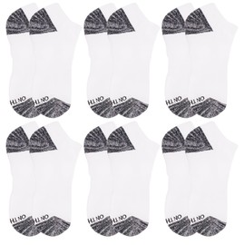 On the Go Women's Low Cut Socks - Cushion Ankle Cotton Moisture Wicking Top Ventilation Arch Support (6 Pair Pack, White with Black Space Dye Heel and Toe)