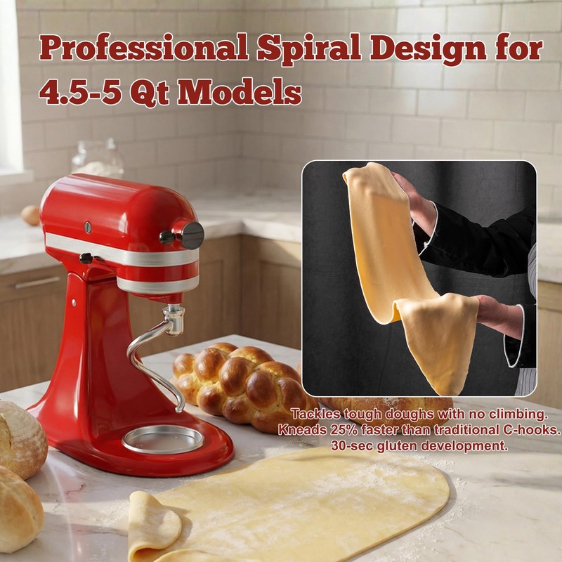 Stainless Steel Spiral Dough Hook Replacement Compatible with KitchenAid 4.5-5