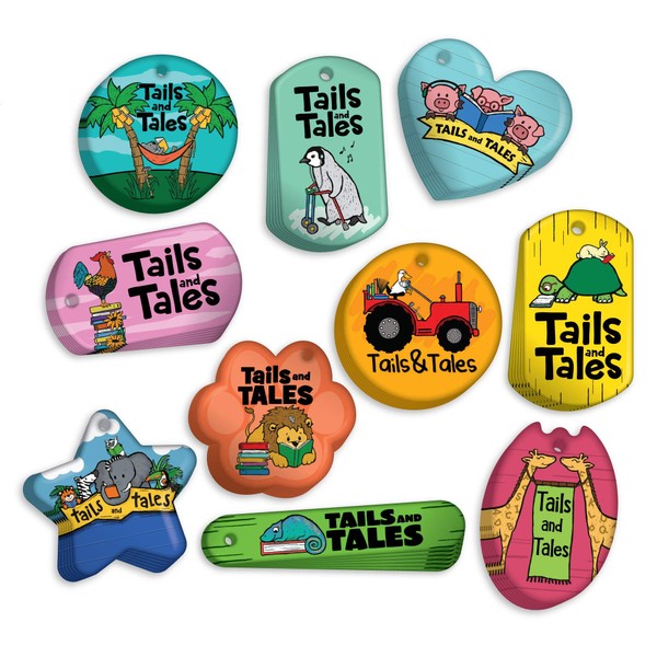 2021 Summer Library Program (CSLP): Tails and Tales Brag Tags Reading Value Pack: 250 Tags (25 Tags for Each Shape) + 75 Chains