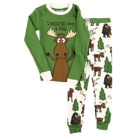 Lazy One Warm Long-Sleeve PJ Sets for Girls and Boys, Funny Animal Kids' Pajama Sets, Cozy, Comfy, Bear, I Must Have A Hug (Moose Hug Green, 4T)