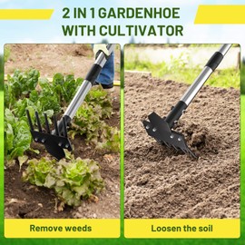 2-in-1 Heavy-Duty Weed Puller Toole with 5-Tine Rake – 30" to 60" Adjustable Handle, Hoes for Gardening, Hoe Garden Tools for Loosening Soil, Planting, Weeding