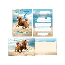 JuNa-Experten 12 Invitation Cards for 7th Children's Birthday Girl Horse Invitation Seventh Birthday Including 12 Envelopes, 12 Party Bags / Natural, 12 Stickers