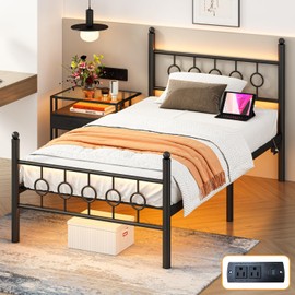 Jenmit Twin Bed Frames with Headboard, LED Bed Frame with Charging Station, Metal Platform, Under-Bed Storage, No Box Spring Needed, Noise Free, Easy Assembly, Black