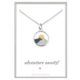 Sterling Silver Mountain Range and Bronze Sun Necklace, Mountain Necklace for Women, Travel Necklace, Outdoors Necklace (16 inches + 2-inch extender)