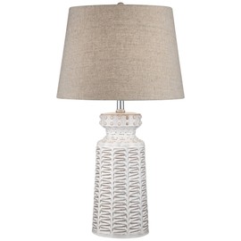 360 Lighting Helene Country Cottage Table Lamp with Table Top Dimmer 26" High Cream White Ceramic Tapered Tan Linen Drum Shade for Living Room Bedroom House Bedside Nightstand (Color May Vary)