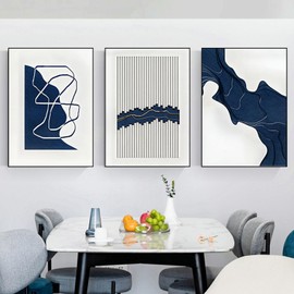 ARTFEB Navy Blue Wall Art, Abstract Blue and White Painting Wall Art for Living Room Decor,Black Framed Wall Decor for Bedroom Bathroom Home Office, 24x32 inch,3 Piece