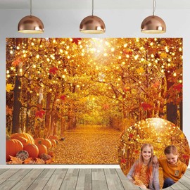 Fall Forest Scenery Backdrop 7x5FT Autumn Maple Leaves Harvest Pumpkins Photography Background Thanksgiving Party Decorations Photo Props
