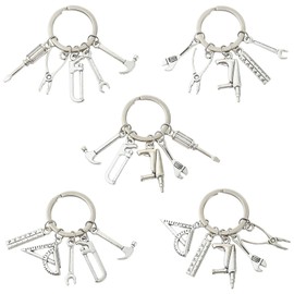 Stiesy 5 Pcs Mini Wrench Tool Keychain Metal Antique Silver Spanner Screwdriver Chainsaw Hammer Measuring Tape Keyring Pendant for Dad Father’s Day Birthday Gifts